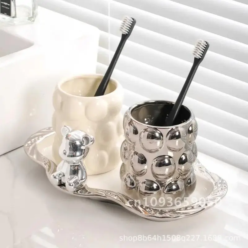 Luxury Electroplated Ceramic Mug Set Lovers Double Toothbrush Cup Accessories Cup Cartridge Gift Bathroom Toothbrush Toilet Home