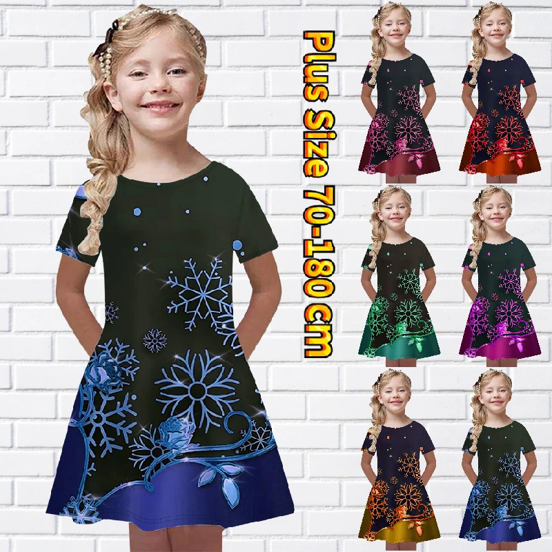 

2023 New Little Girl Fashion Flower Printing Midi Skirt Summer Round Neck Knee-length Skirt Princess Dress Short Sleeve Skirt