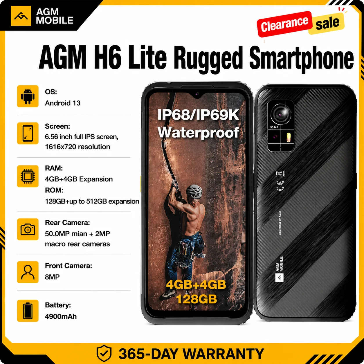 AGM H6 Lite Rugged Smartphone 4GB+128GB 50MP Camera 6.56 "HD+ IPS Display Phone IP68 IP69K 4900mAh NFC Smartphone