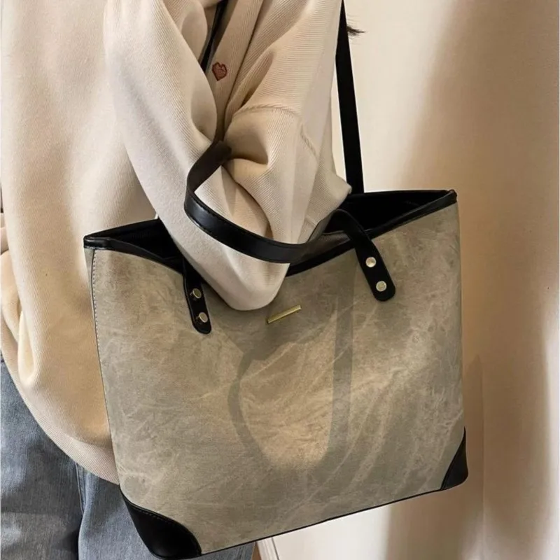 Korean Style Beige Studded Tote Bag Women Textured Patchwork Large Capacity Shoulder Bag Ladies Casual Commuter Underarm Bag New