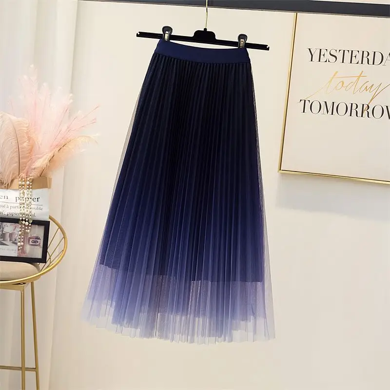 Summer Elegant Fashion Harajuku Slim Fit Female Clothes Loose Casual Sweat All Match Pleated Skirt Gradient High Waist Skirts