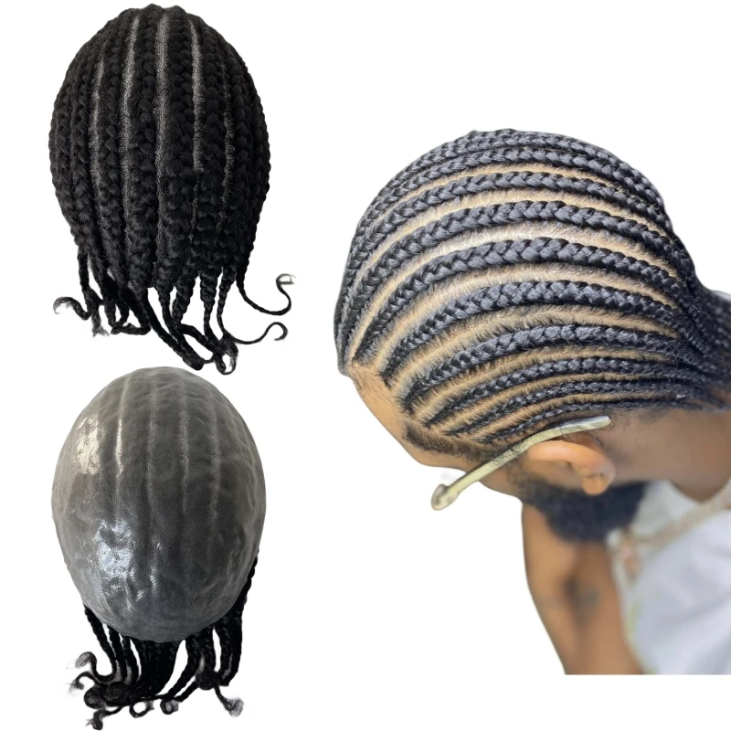 

Brazilian Virgin Human Hair Replacement 1# Jet Black Afro Cornrow Braids 8x10 Full PU Toupee Skin Unit for Black Men