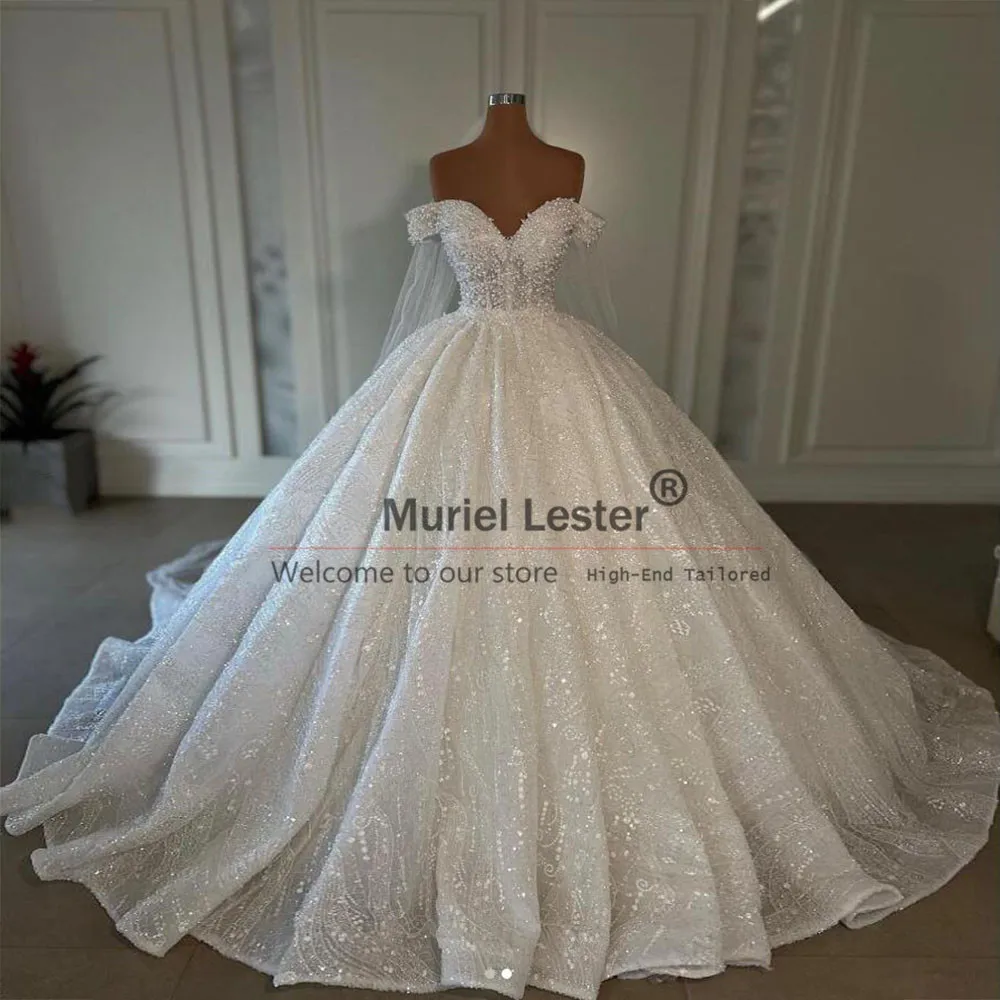 

Exquisite Princess Ball Gown Wedding Dress V Neck Off Shoulder Beading Pearls Bride Marriage Dresses Plus Size Robe De Mariee