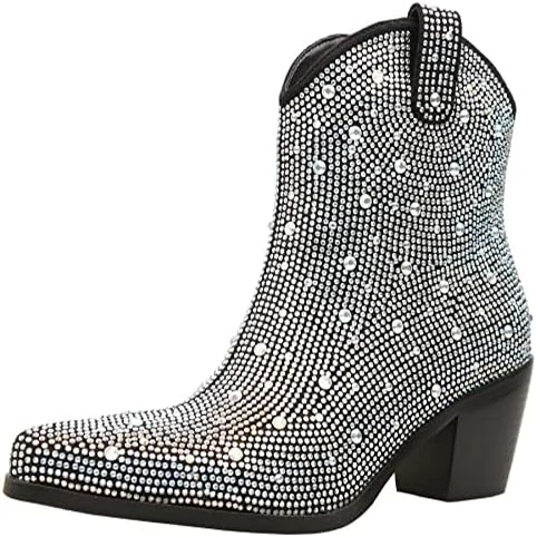 

Gorgeous Rhinestone Western Cowboy Boots Retro Pointed Square Heel Heightened Knight Boots Large Size Sexy Women's Boots