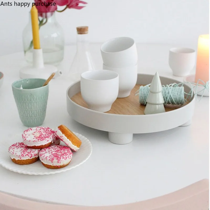 Nordic Round Plastic Tray Wooden Plastic Organize Disk Snacks Sundries High Foot Plate Home Use Desktop Decoration Tea Tray 3