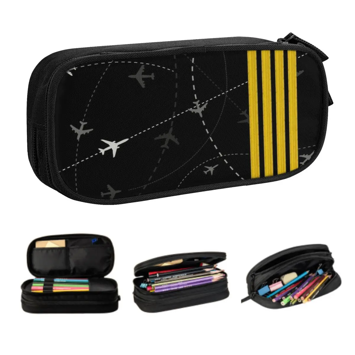 Airplane Flight Routes Captain Stripes Pencil Cases Large Capacity Aviation Aviator Pilot Pencil Pouch School Supplies