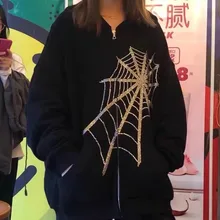  Spider Web Rhinestone Zip Up Hoodies For Women Punk Grunge Streetwear Graphic Sweatshirts Men Fashion Aesthetic Clothing Coat 