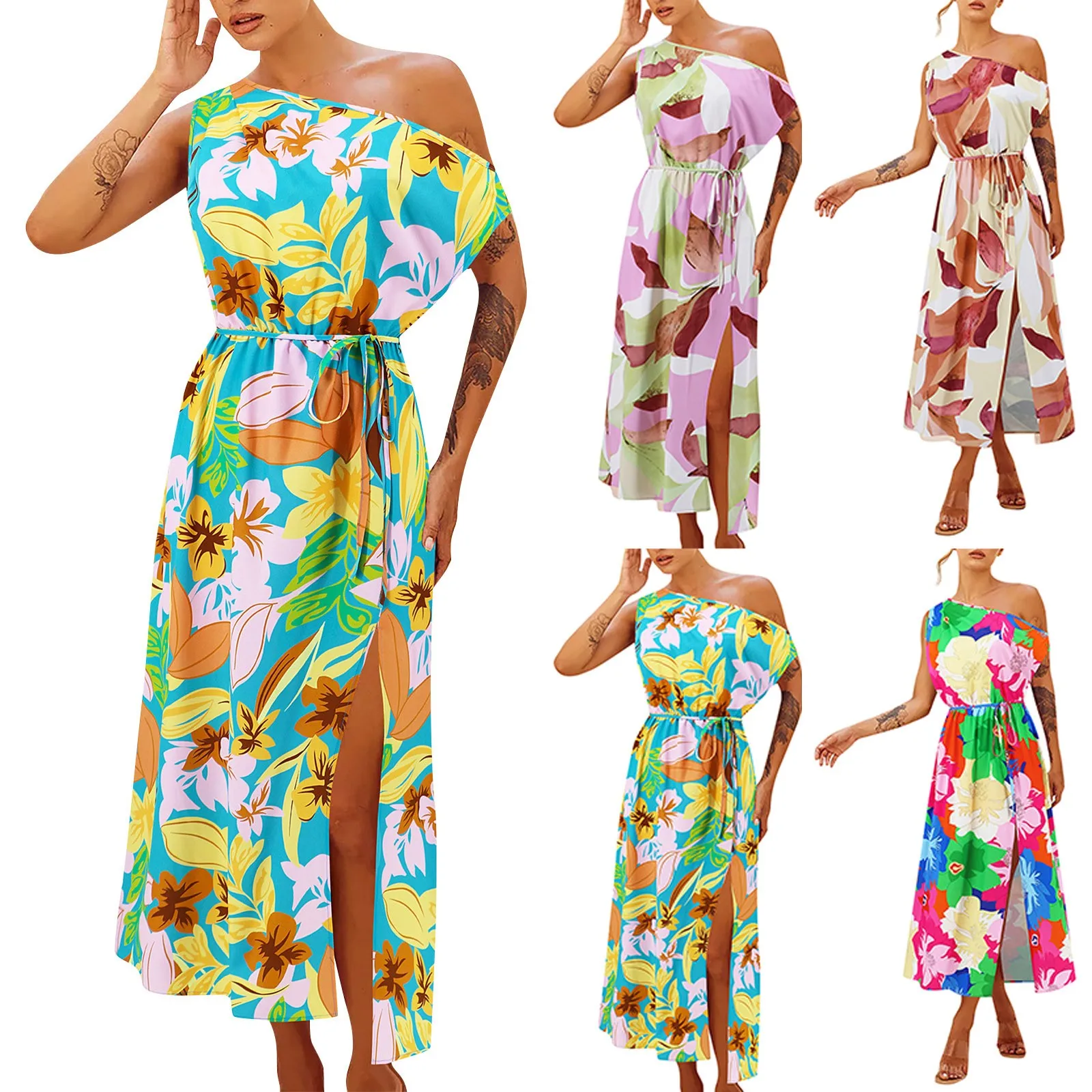 

Women'S Fashion And Sexy One Line Collar Trendy Printed Long Dress Elegant Slim Fitting Women'S Temperament Slit Waistband Dress