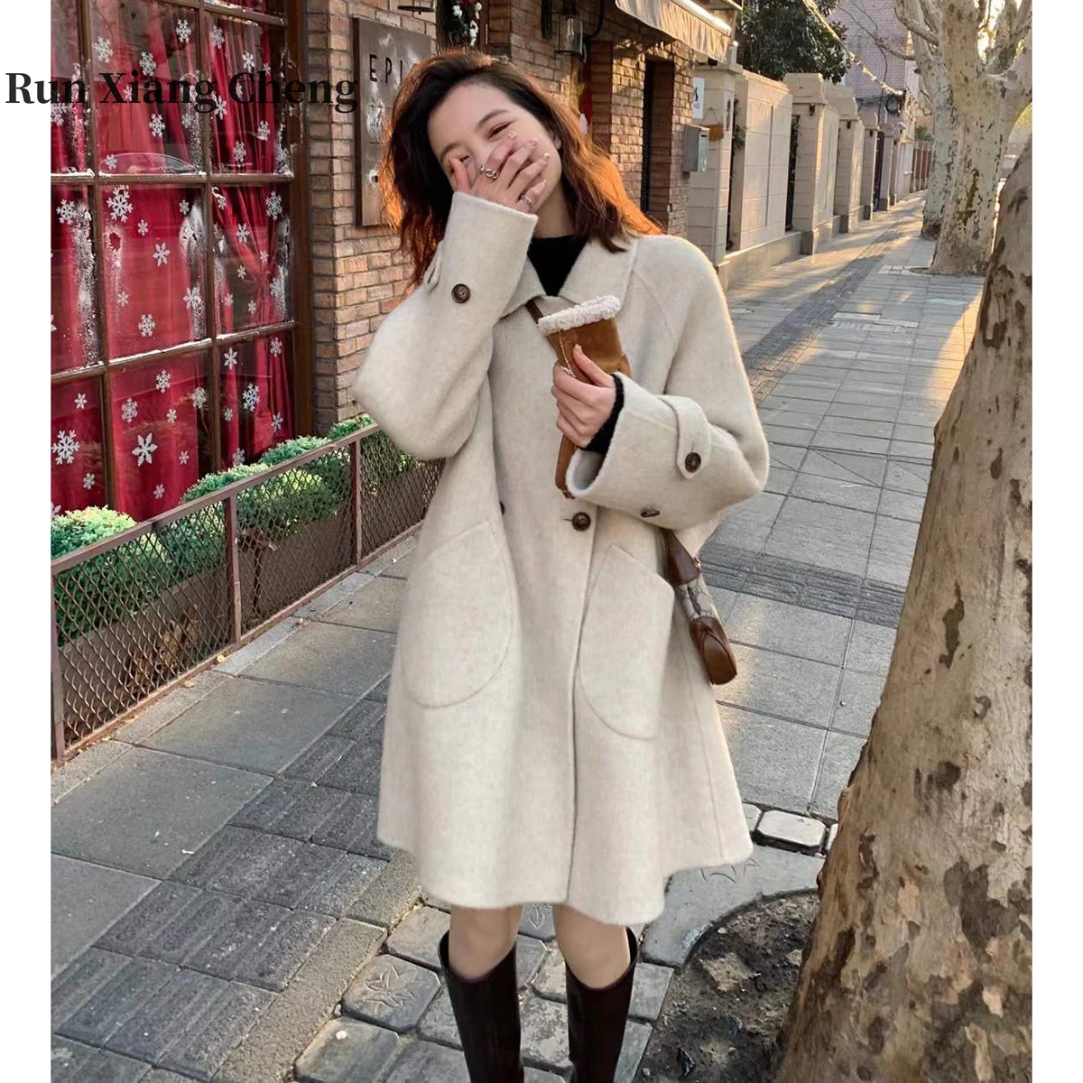 

RUN XIANG CHENG Thick Texture A-type Double-sided Cashmere Coat for Women Mid Length High-end Wool Coat Gray White Free Shipping