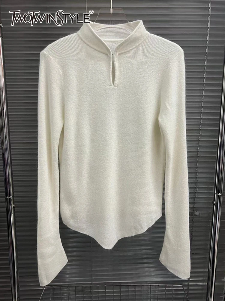 

TWOTWINSTYLE Solid Hollow Out Knitted Sweater For Women Stand Collar Long Sleeve Minimalist Pullover Sweaters Female Fashion New