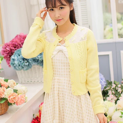 

Sales Japan Style Sweet Girl Candy Color Bows Decorated Lace Mesh Jacquard Cardigan Sweater