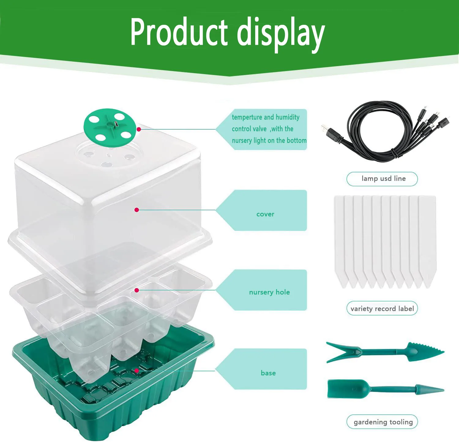 Hydroponic Germination Tray Full Spectrum Seed Starter Tray Kit Grow Light Adjustable Humidity Indoor Gardening Plant Germination Greenhouse Nursery System