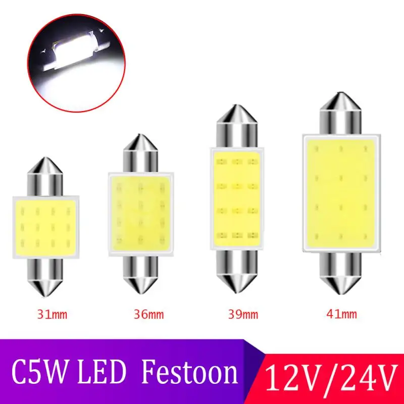 

10Pcs White COB C5W Car Auto Festoon Dome Interior LED Lights Lamp Map Roof Reading Bulb DC12V 24V 31/36/39/41MM