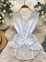 SINGREINY Backless Sexy Tank Vest Sleeveless Single Breasted V Neck Spliced Lace Skinny Sheer Irregular Summer Women Design Tops - Image 2