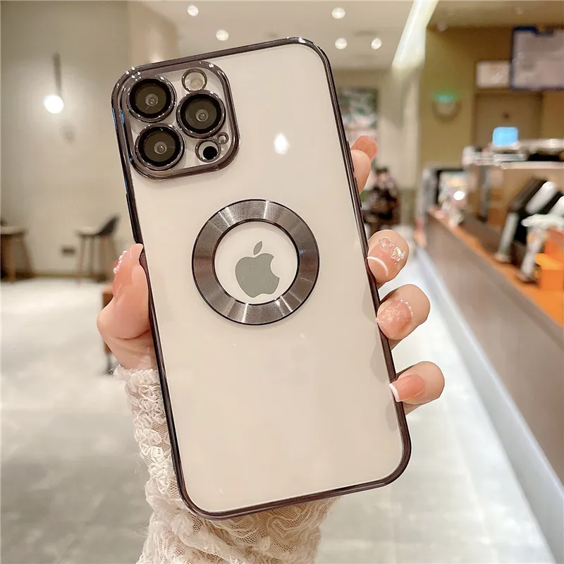 Luxury Clear Plating Logo Hole Shockproof Case For iPhone 11 12 13 Pro Max Mini XR X XS 7 8 Plus SE3 Glass Lens Protection Cover moto e6 phone case