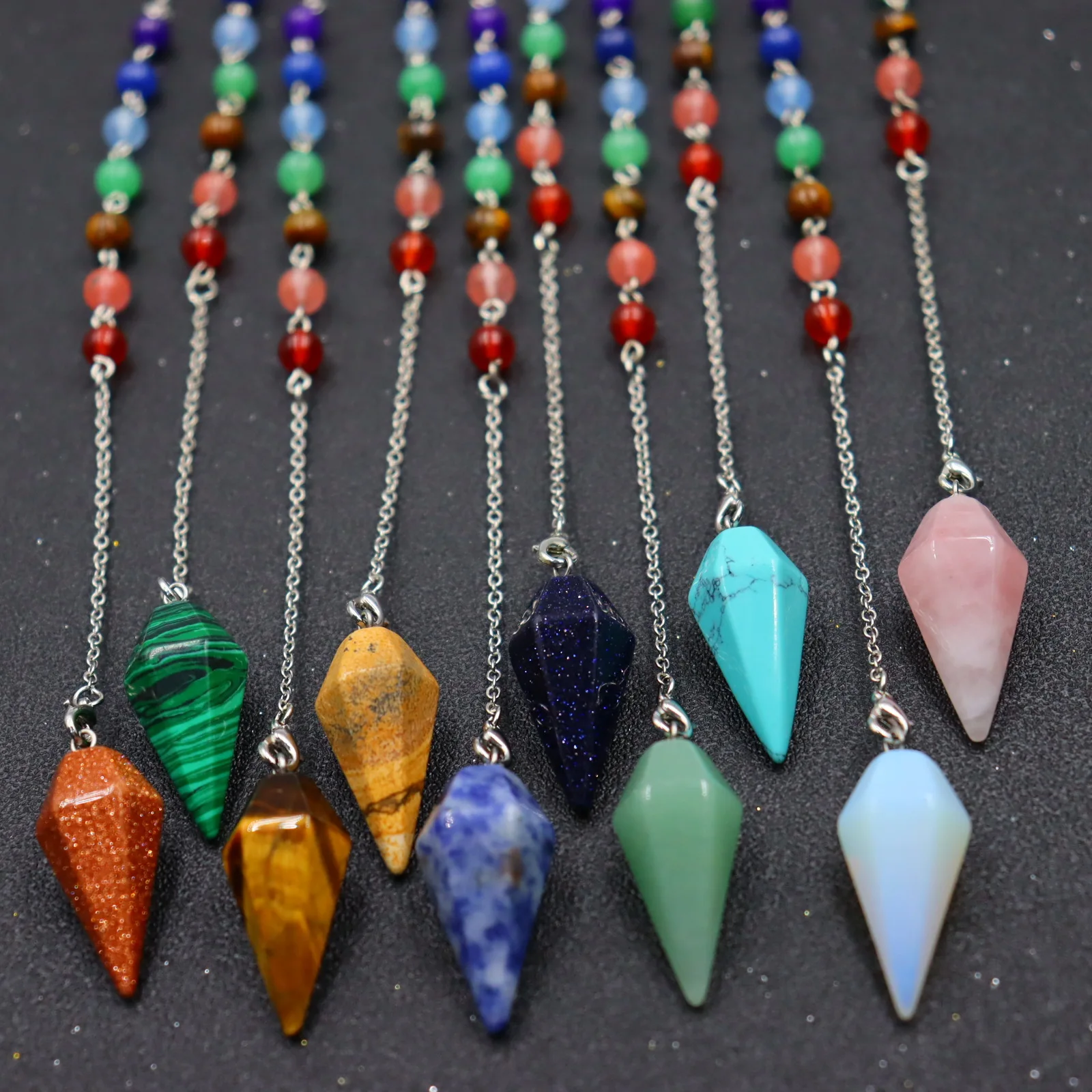 

Colorful Natural Rock Mineral Crystal Pendul Hexagonal Column Conical Healthy Reiki Hexagonal Rhombus Pendulum For Women Men