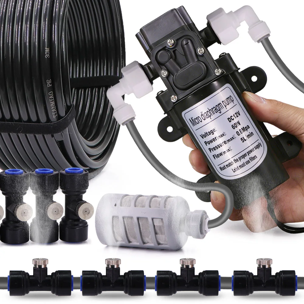 60W Misting Cooling System Pump Kit w/ Smart Timer 0.8mm Fine Spray Nozzles 1/4" 4/6mm PE Hose Garden Patio Irrigation Atomizer