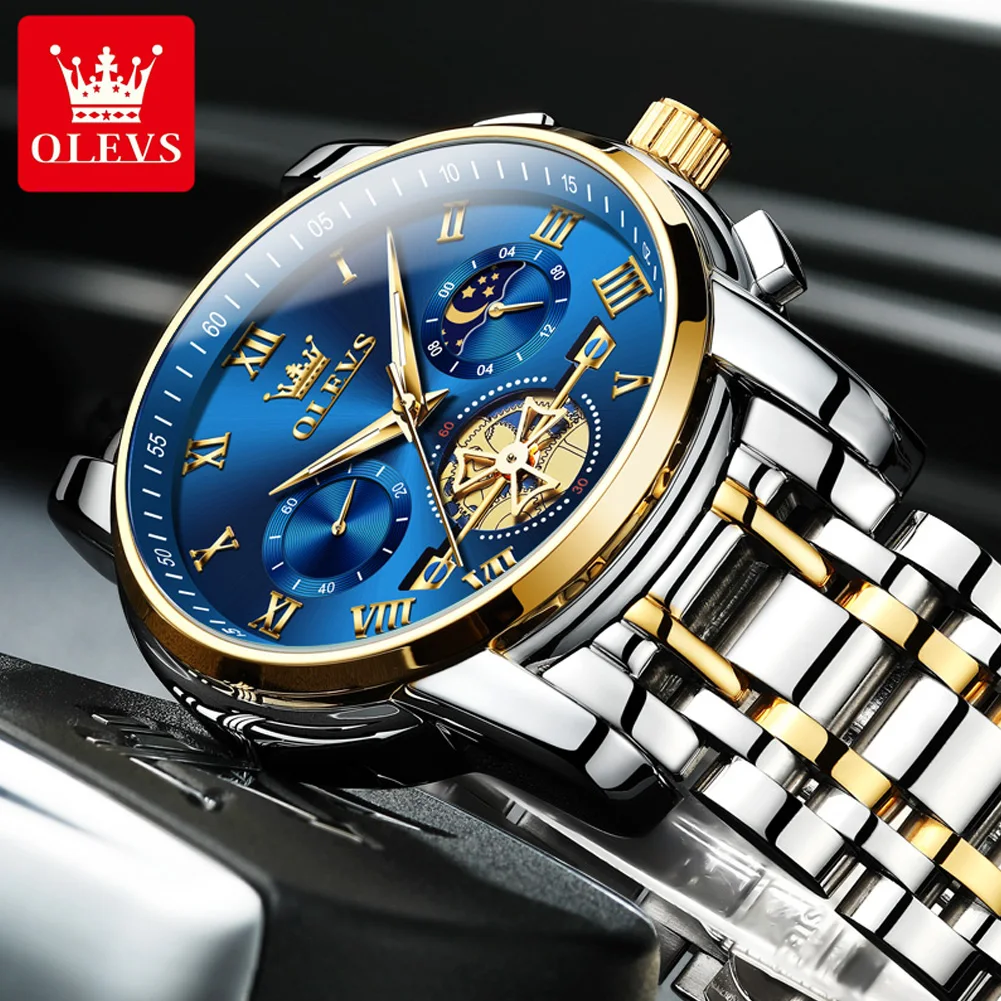 OLEVS 2859 Roman Scale Quartz Watch For Men Moon Phase Luxury Man Wristwatch Original Waterproof Stainless Steel Business Watch