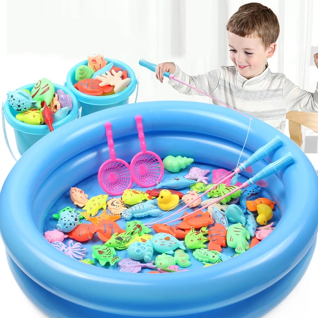 Kids Magnetic Fishing Toy Set with Inflatable Pool Playing Water Baby Bath Toys Fishing rod Outdoor Fun Game Water Toy for Child 2