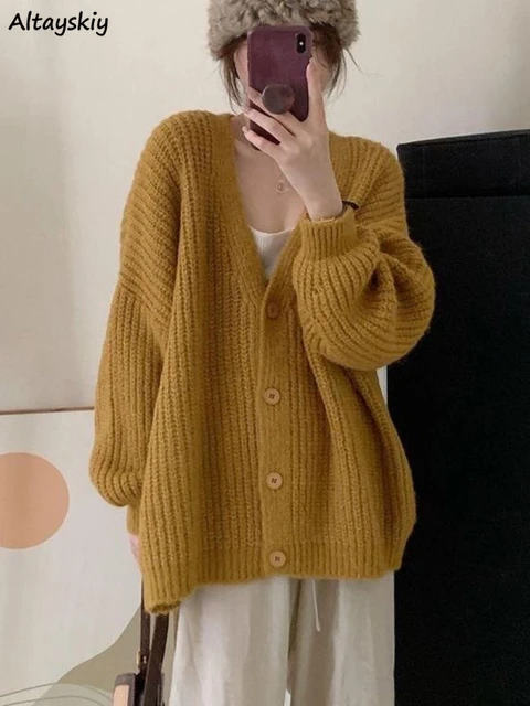 Cardigans Women Solid Simple Basic Sweater Kawaii Preppy Style Casual Long  Sleeve V-neck Loose Outerwear All-match Autumn Hot - AliExpress