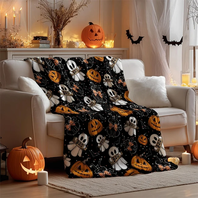 Couverture effrayante d'Halloween : fantômes, citrouilles et chauve-souris pour les soirées confortables! Couverture en flanelle, douce et confortable, cadeau 2