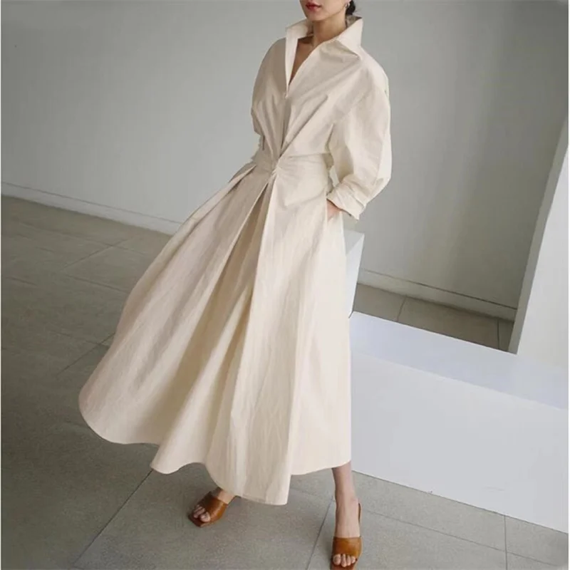 Abito con maniche a camicia con colletto POLO Abiti maxi larghi oversize da donna Streetwear Abiti a trapezio in cotone e lino Big-hem Primavera Estate - immagine 4