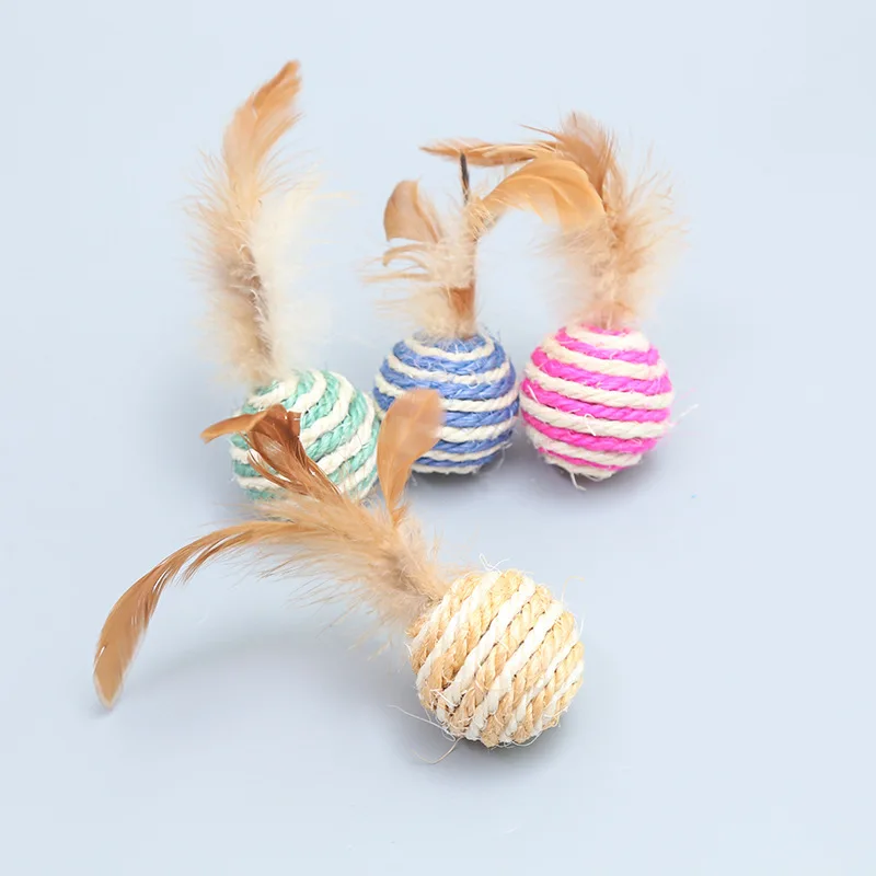 1 Pieces Colorful Sisal Interactive Ball Cat Toy Pet Supplies Feather Cat Training Catcher Cat Accessories Random Color Toy Ball