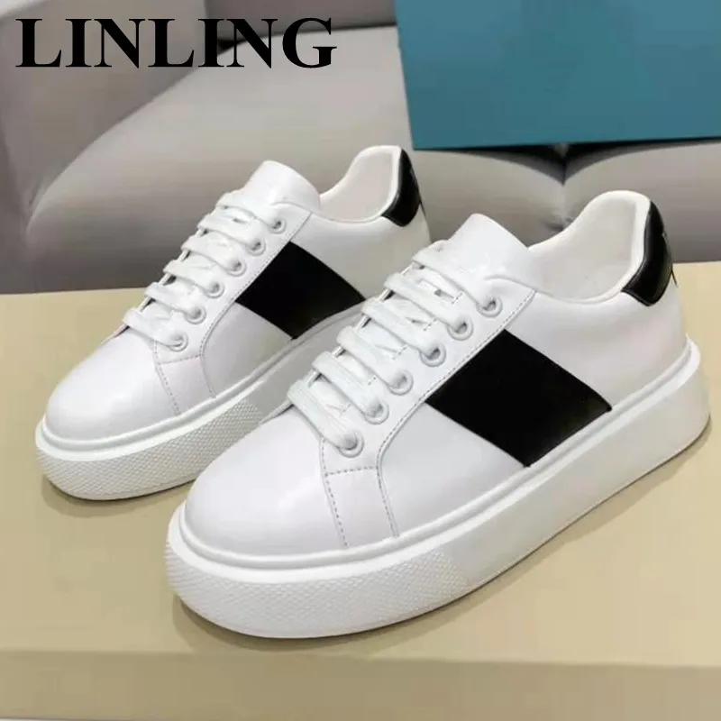 

Women's White Sneakers 2023 Fashion Genuine Leather Trainers Casual Sneakers Women Lace Up Platform Flats Female Round Toe Shoes