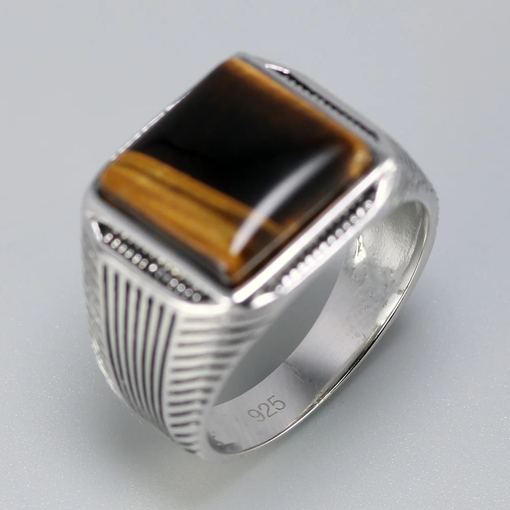 Silver Rings Man Ring Tiger Eyes Natural Stone Stripe Pattern Ringen