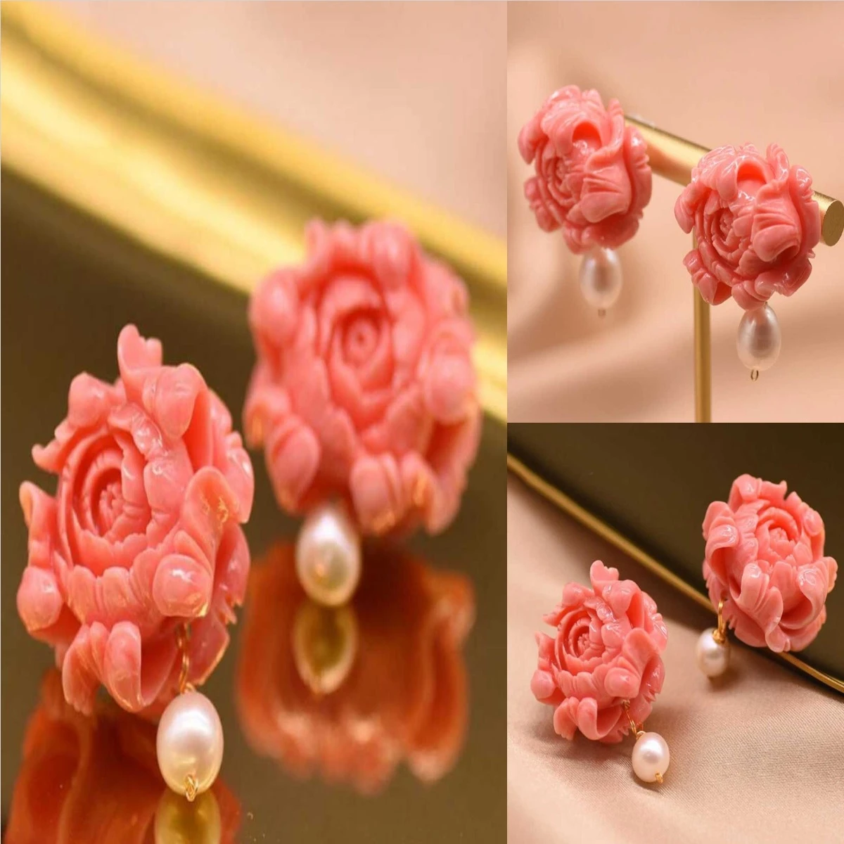 Coral flowers Baroque White pearl Earrings 14K Unisex Office Earbob Ear Cuff Bohemian Diamond Stud Wedding Silver Gemstone