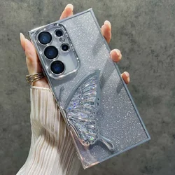 Shimmering 3D Glitter Butterfly Phone Case with Clear Electroplate Finish - Samsung A25 (Silver)
