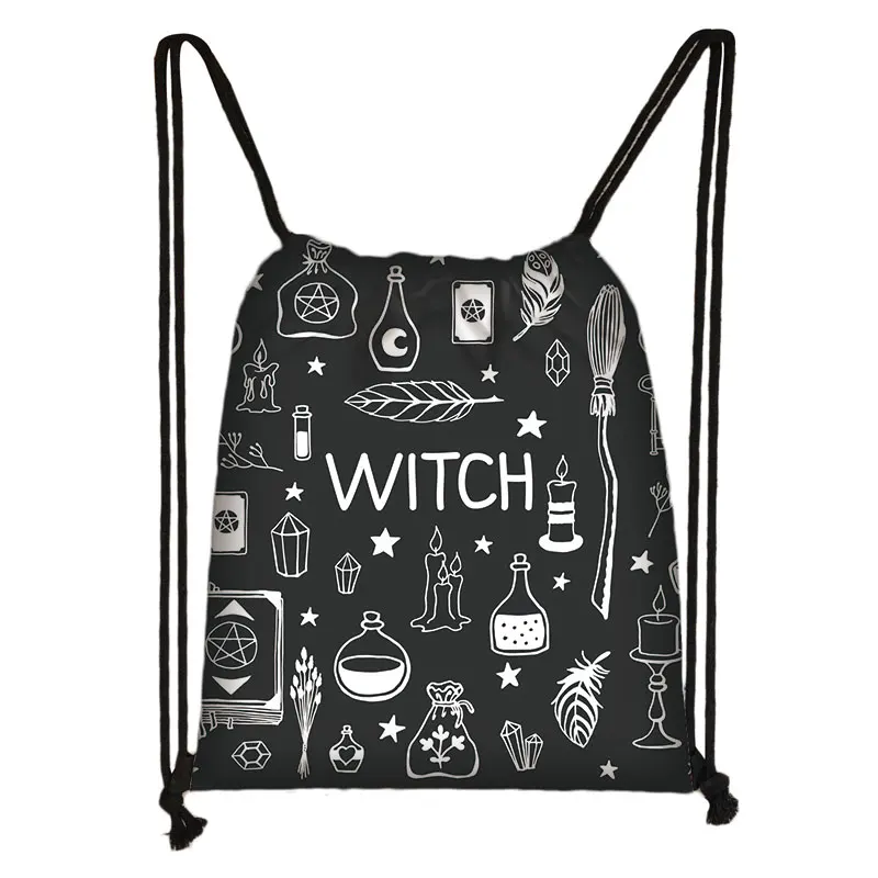 Witch Witchcraft Print Backpack Witchy Woman Drawstring Bags Moon Star Cat Storage Bag for Travel Shoes Holder Wicca Bookbag 3
