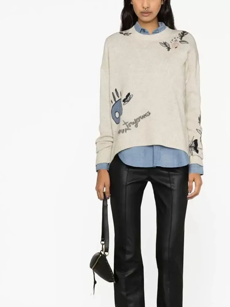 

Autumn and Winter New Round Neck Cute Skull Floral Embroidery Long-sleeved Two-color Pullover Women Sweater