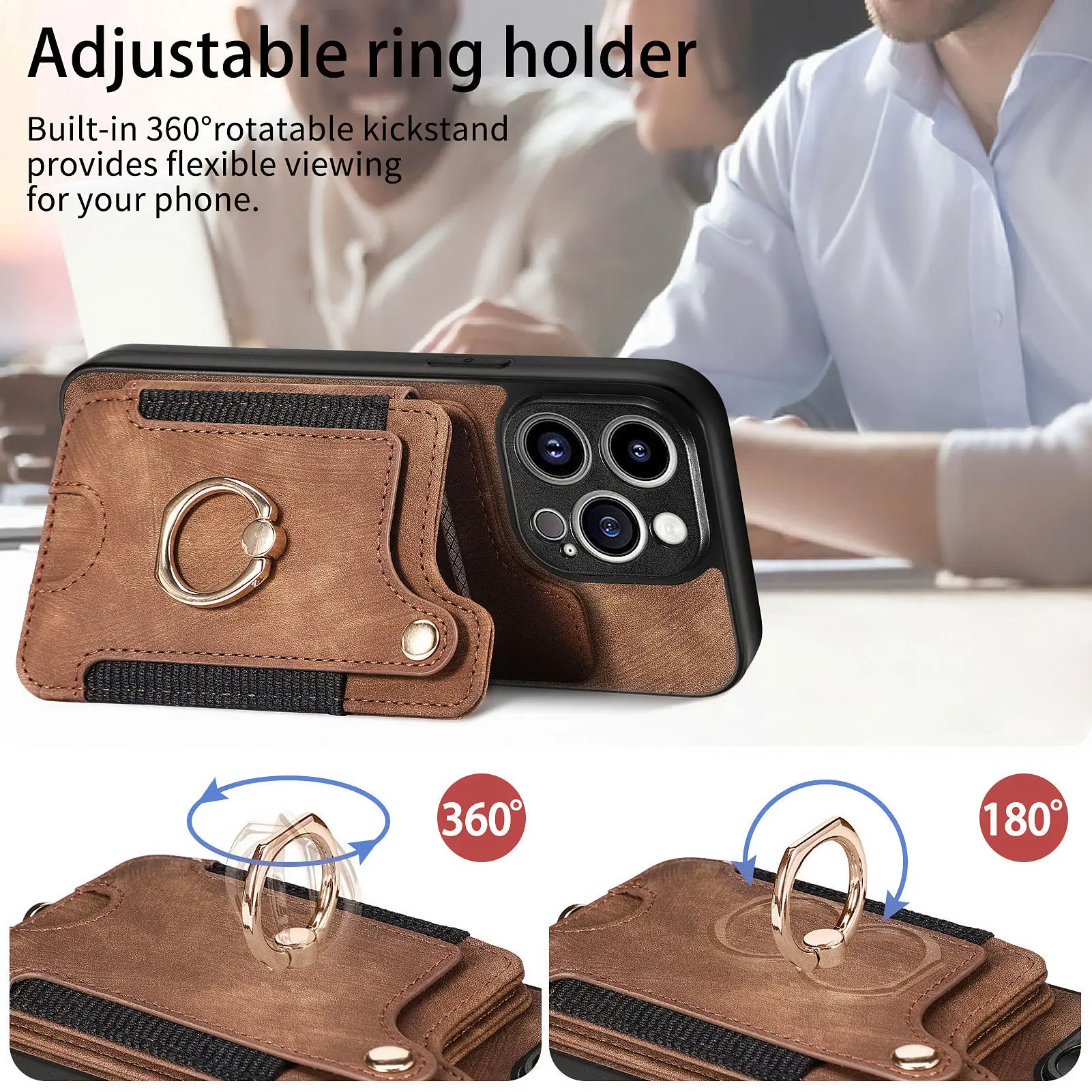 Leather Flip Wallet Case with Multi Card Slots and Ring Holder - Magnetic Stand Phone Cover