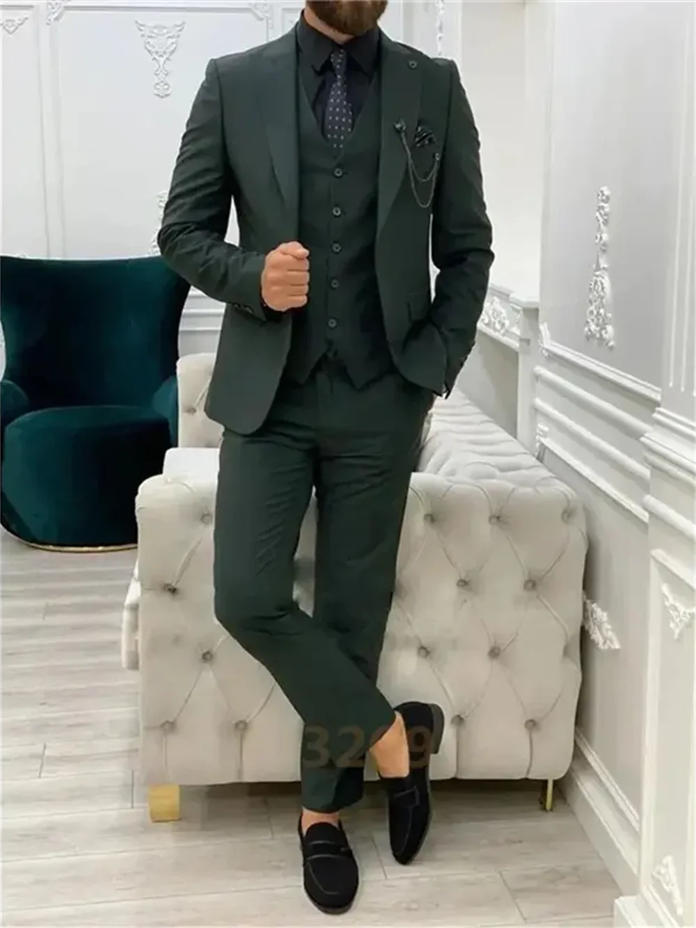 3 Pieces Post Green Suits Men Suits Wedding Wear Business Male Groom Wedding Dress Jacket Vest Pants Set Blazers Coat 4