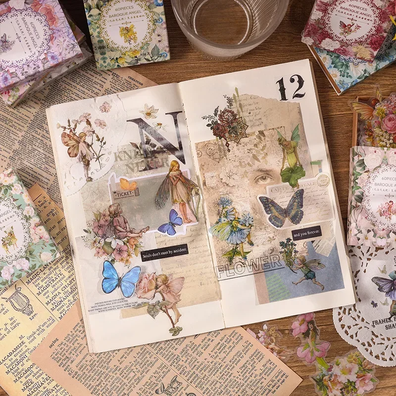 60pcs/pack Scrapbooking Journal DIY Baroque Angel Butterfly PET Stickers Scrapbooking Flower Faerie Journal Card Vintage sticker