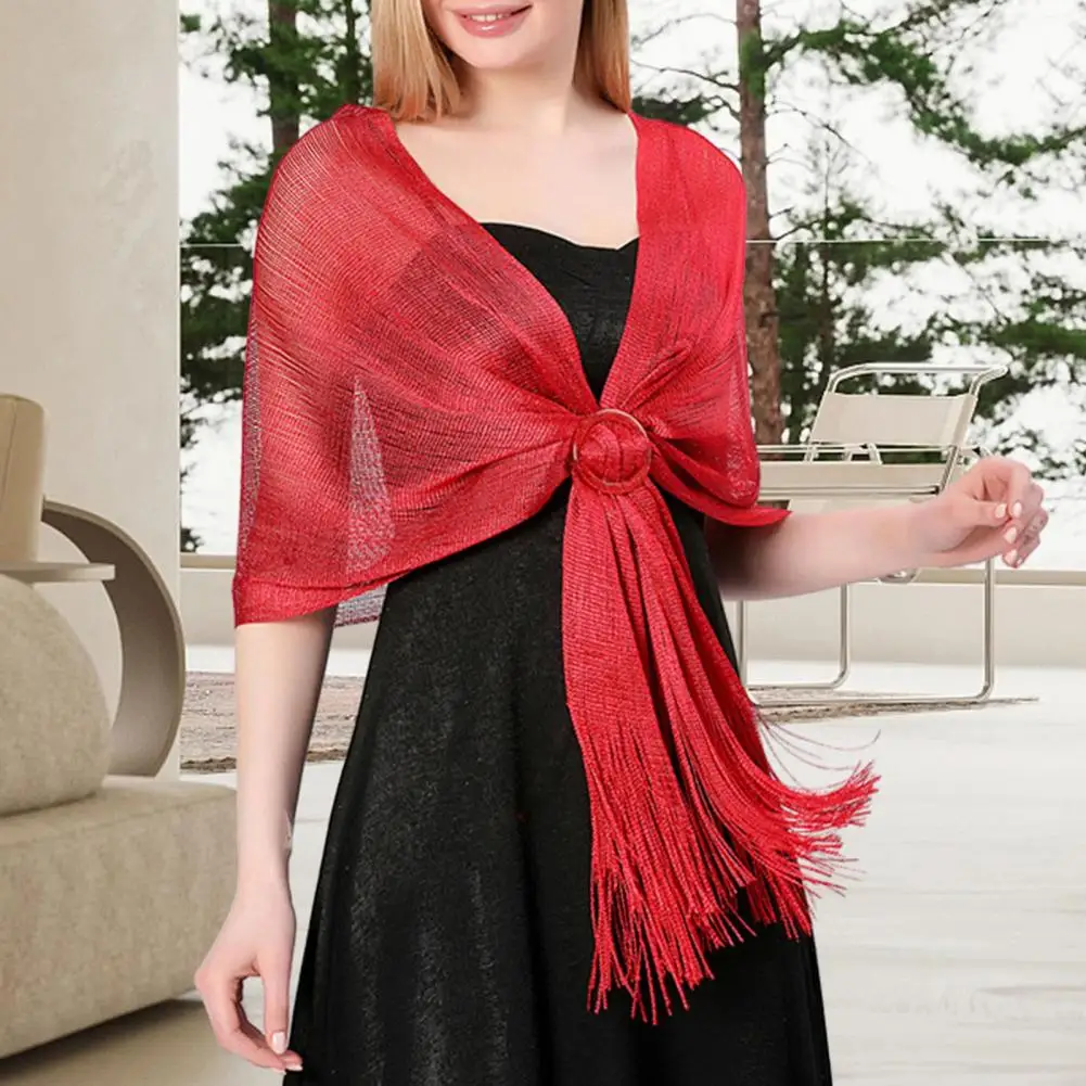 

Ladies Shawl See-through Tassel Thin Sparkling Bride Bridesmaid Wedding Evening Dress Shoulder Wrap With Buckle