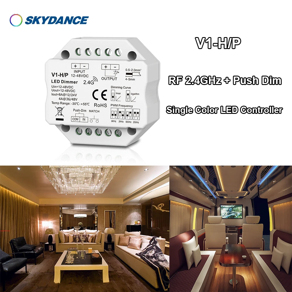 

12-48V V1-H/P Four PWM frequency/Linear or logarithmic Features Dimmer Step-less/ RF 2.4GHz + Push Dim Single Color Controller