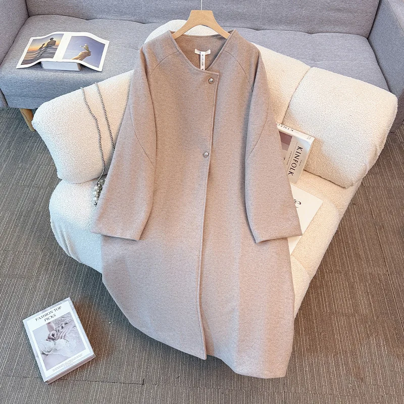 Plus size feminino busto 160 inverno solto lã trench coat com decote em v blusão cáqui 5xl 6xl 7xl 8xl 9xl 150kg