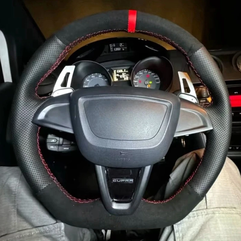 Rutschfestes Wildleder-Lenkradgeflecht für Seat Ibiza 6J Mii 2012–2020 Handnähen Auto-Lenkradbezug