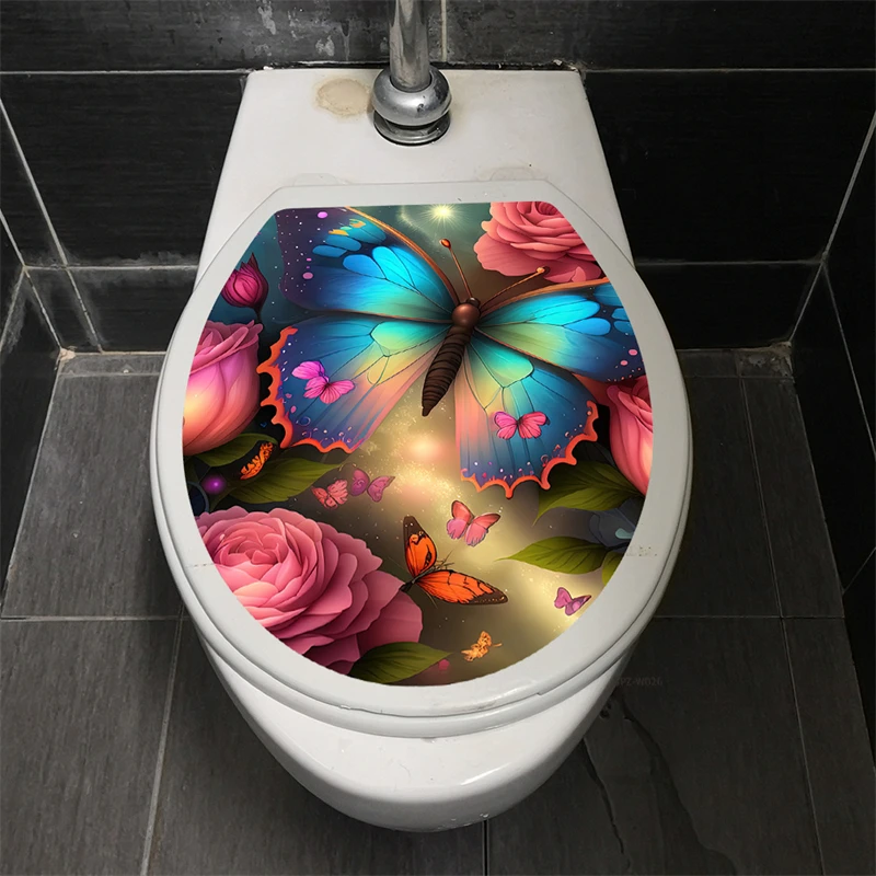 Toilet Cover Stickers Tropical Green Plants Bird Flower Printed Floral Butterfly Pattern WC Bathroom Decor Home Decoration Decal