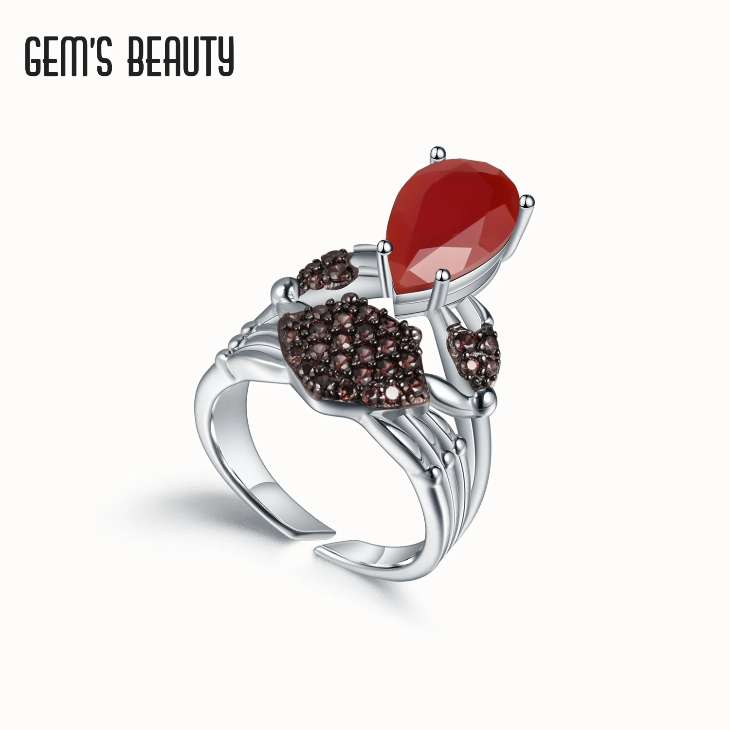 

GEM'S BEAUTY 925 Sterling Silver Jewellery Rings For Women Natural Pear Cut Red Agate Handmade Vintage Stack Rings