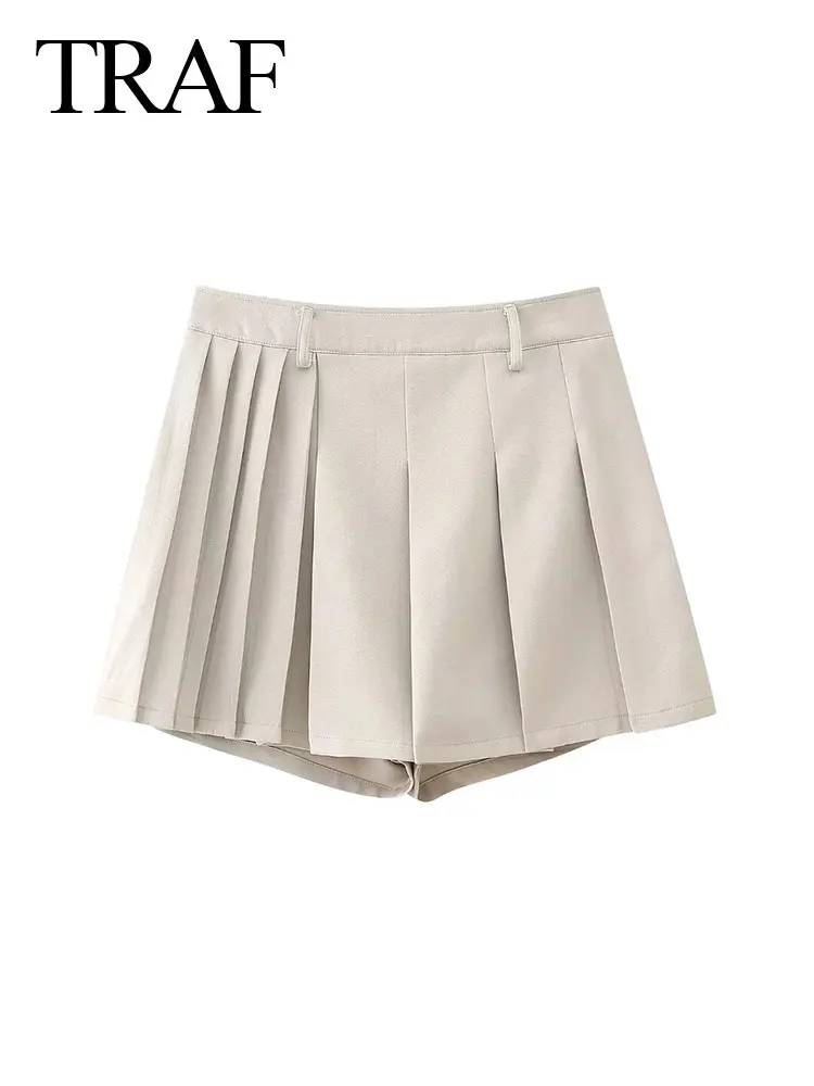 

TRAF 2024 Women's Elegant Beige Culottes Female High Waist A-Line Elegant Slim Pleated Versatile Chic Bottoms Simple Pantskirts