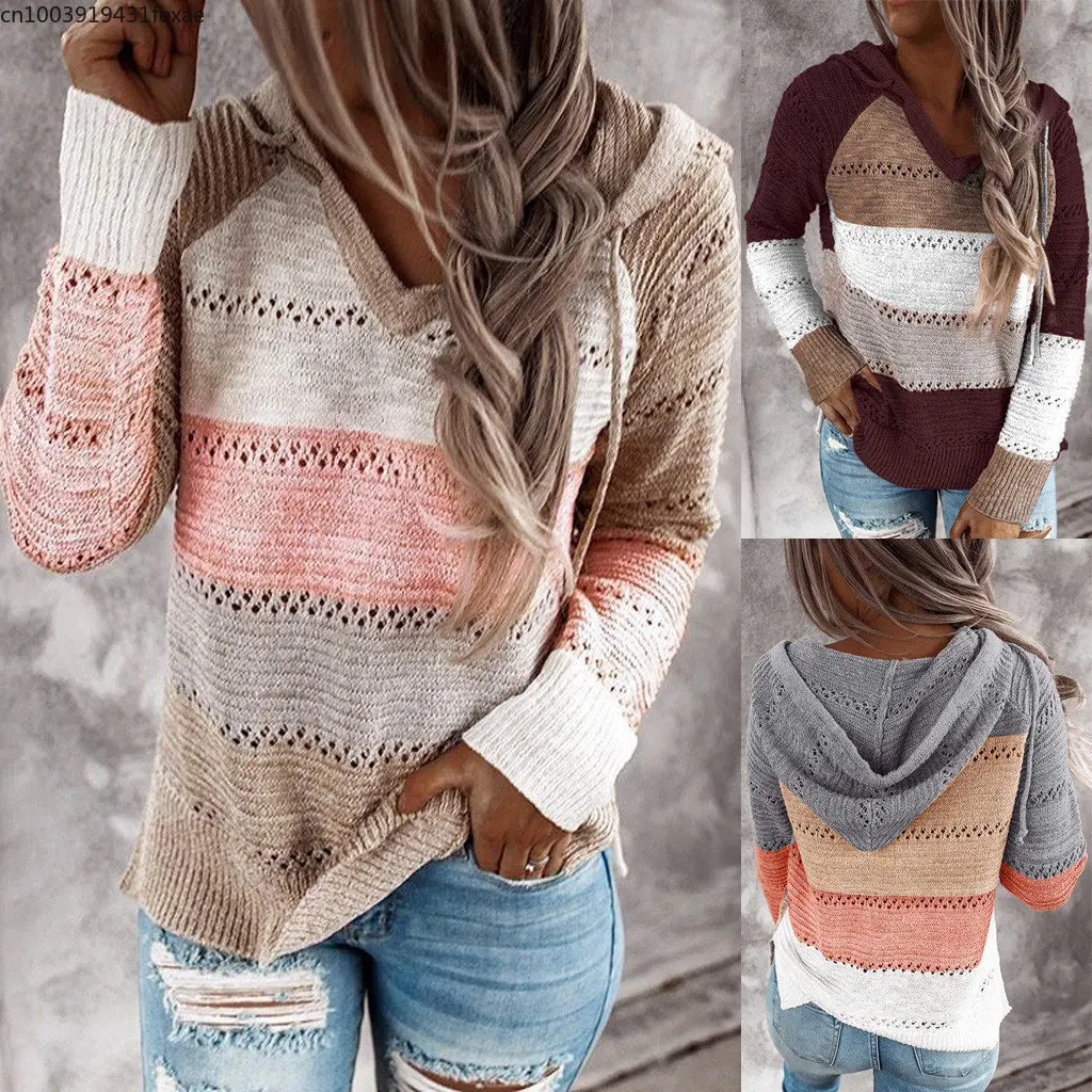 

Autumn Women Patchwork Hooded Sweater Long Sleeve V-neck Knitted Sweater Casual Striped Pullover Jumpers 2023 New Female Hoodies