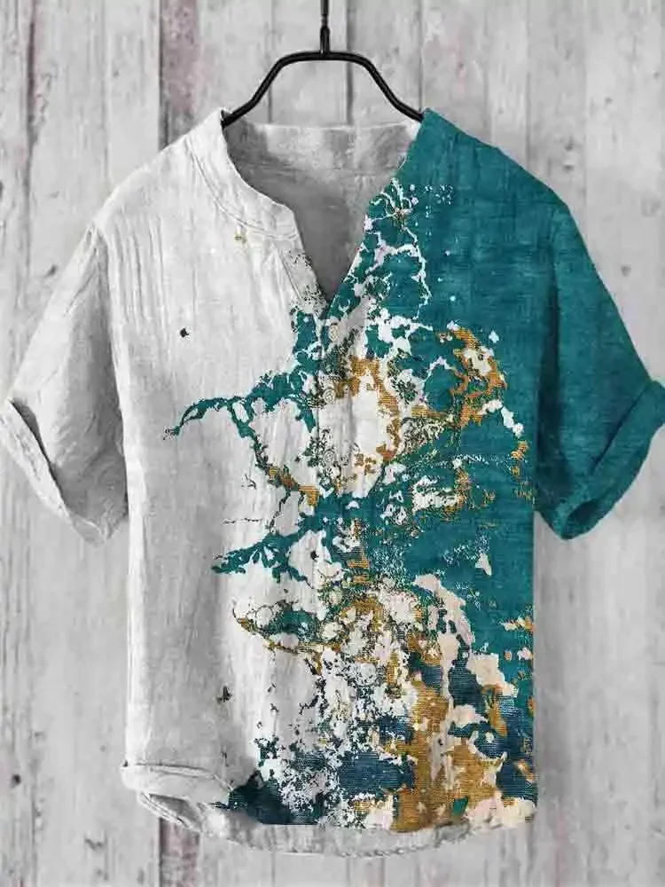 Men's cardigan three-breasted shirt bamboo hot selling 3D digital printing casual short-sleeved shirt ropa hombre