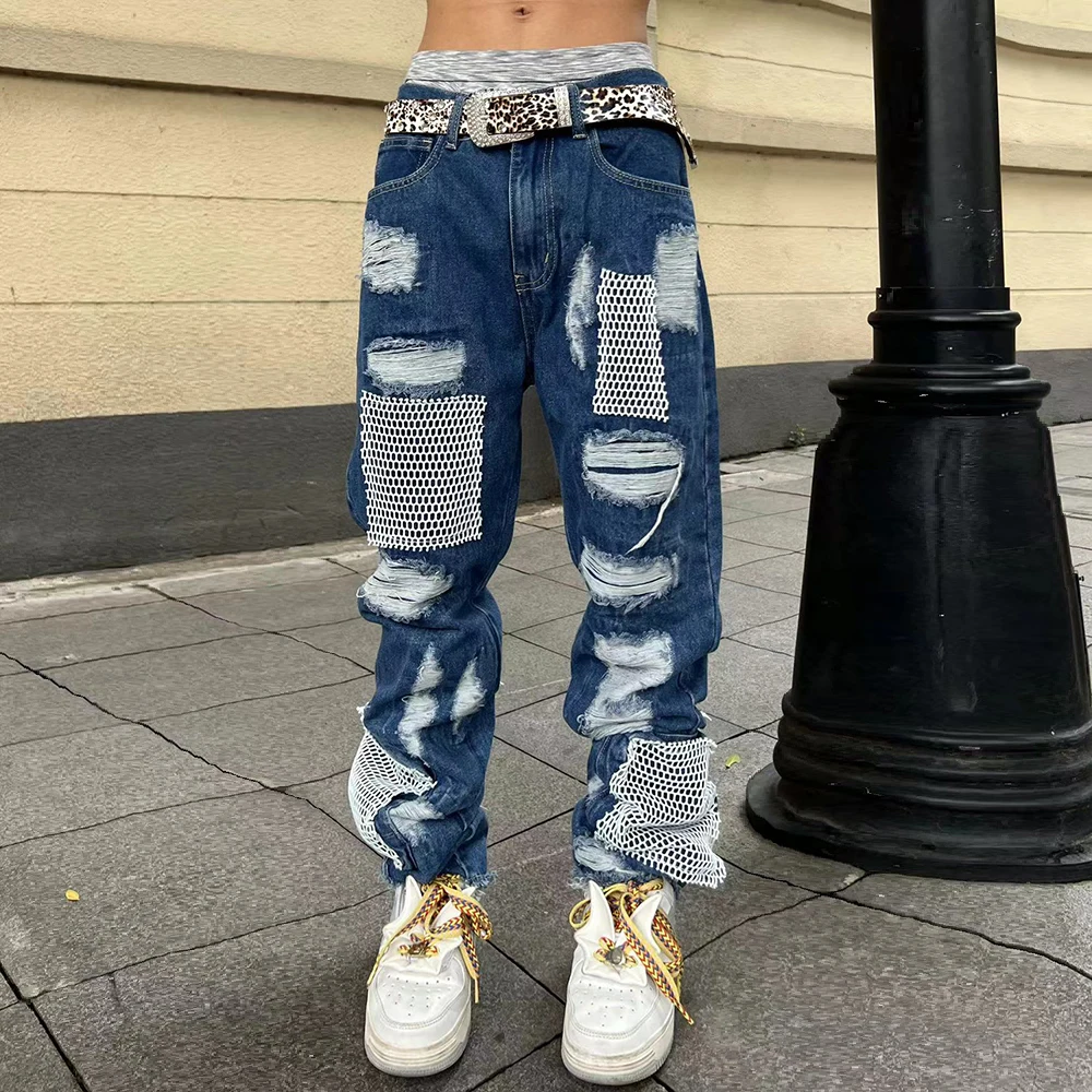 

Distressed Skinny Flared Micro Flare Jean for Mens Mesh Big Destroyed Ripped Denim Jeans Hip Hop Biker Jeans Pants Male