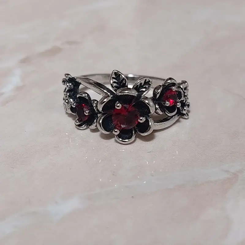 Vintage Bohemian Flower Red Crystal Women Silver Ring Wedding Engagement Gift