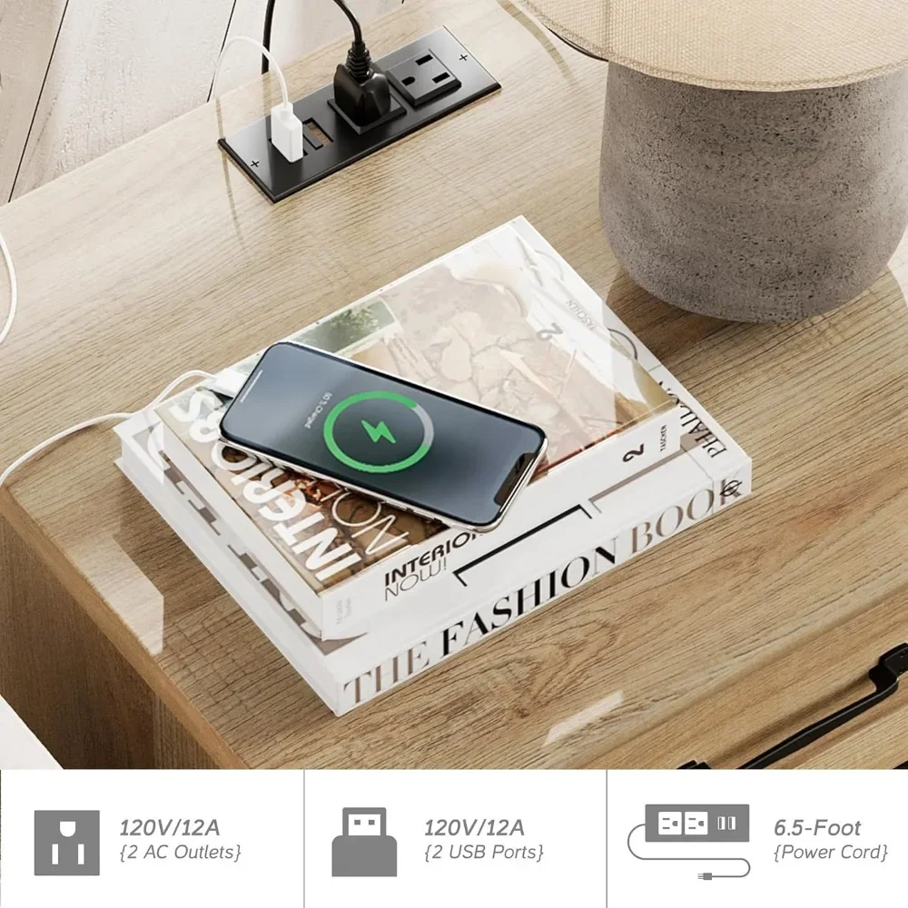 Description Picture 6 of itemEnd Table with Charging Station, Wood Side Table with Drawer and Storage Cabinet, Modern End Table with Power outlets USB