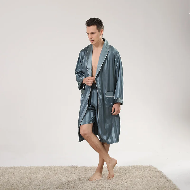 Luxury Men's Silk Robe 3XL Long Sleeve Sleepwear Bathrobe & Shorts 2Pcs/Set Satin Nightgown Summer Home Clothing Male Loungewear