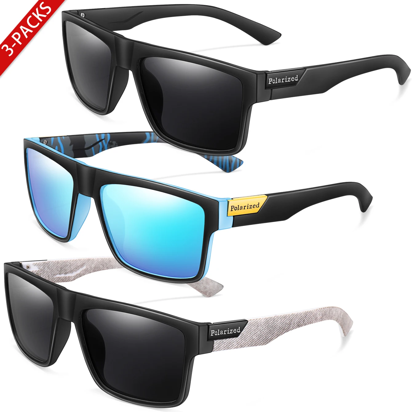 3쌍의 편광 선글라스 클래식 사각형 선글라스 남성과 여성을 위한 자외선 차단 낚시, 자전거 타기 및 운전에 이상적
